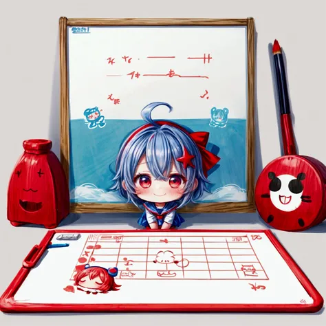 (Super Chibi Character,Super Deformed,Simple illustration,mascot,Lower your head:1.2),One girl,Happy smile,Ahoge,Short blue hair,Sailor uniform,Red headband,With a red paintbrush,Ocean Background,(Letters written on a white board"SeaArt"),