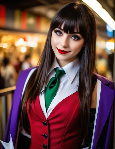 A beautiful caucasian Englishgirl with long very straight dark brown hair with bangs, aged 25 years, dressed in JOKER cosplay