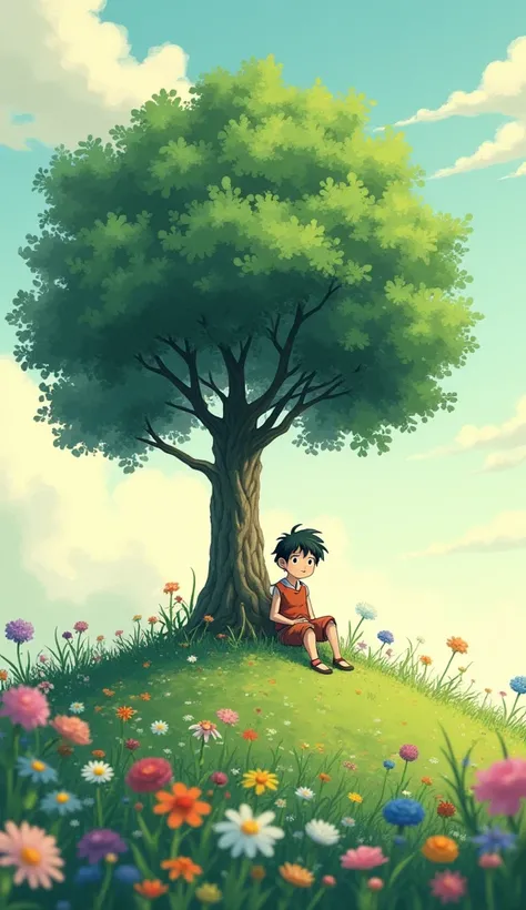 (photorealism:1.2), a single tree on a a hill in the center, flower around it, a boy sitting don the tree, anime, vintage, studio ghibli