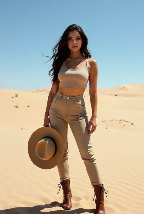 Marianna is standing in a vast desert landscape, dressed in a cropped beige tank top, high-waisted khaki pants, and brown leather boots. She’s holding a wide-brimmed hat in one hand, the dunes stretching out behind her under a clear blue sky., a picture by...