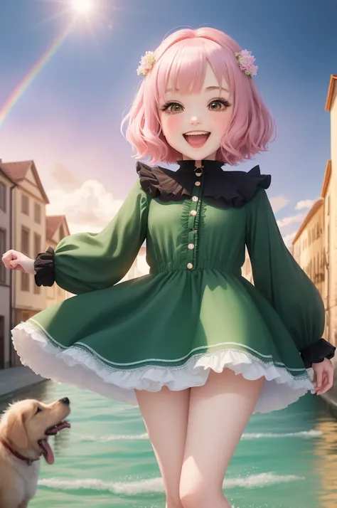 1girl, 1dog, anya (spy x family), bond (spy x family), spy x family, Great Pyrenees, 
(chibi:1.1), pink bob cut, green eyes, pink ruffled dresses, hair ornament, 
girl riding a dog, laughing, open mouth, looking at viewer, lens flare, old european town, sk...