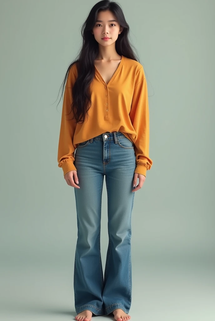 Create A girl weighs 125 lbs with 5 height and her BMI is 24.2
we can see her full body stature well 
She wearing long sleeve top and flared jeans 
She is a southeast Asian girl and cool skin tone, long hair, baby face,do some natural makeup
Full body 

