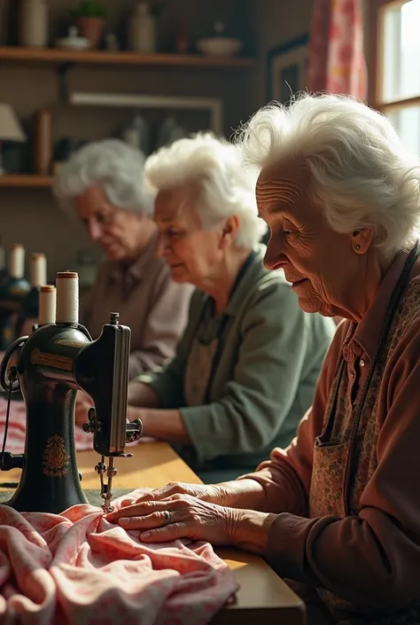 Various grandmother seamstresses at machines 