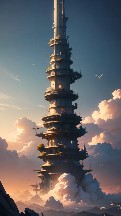 masterpiece, Best Quality, (Highly detailed CG Unity 8K wallpaper), (Best Quality), (Best illustrations), (Best Shadow), Absurd, Realistic lighting, (abyss), Beautiful sparkle, art：Peter Mohrbacher,Tall Tower，Sky City，Birds are flying，cloud，Seven-colored l...