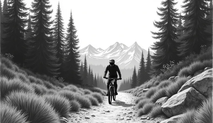 the silhouette of a man in a frontal position with a helmet ,riding a mountain bike, The man walks along a narrow path of dirt and stones and on both sides of the path there are many thick, tall and wide pines., Already in the distance in the narrow area t...