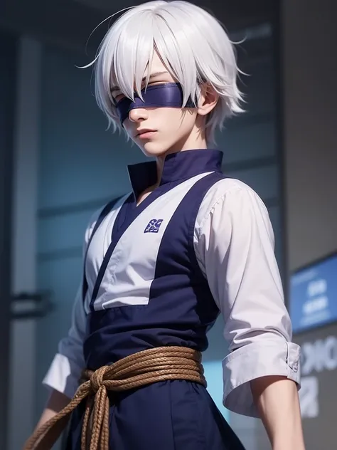 1male, goju satoru, anime style, dark blue clothes, dark blue blindfold, purple and white hairs, epic background, 8k resolution,...