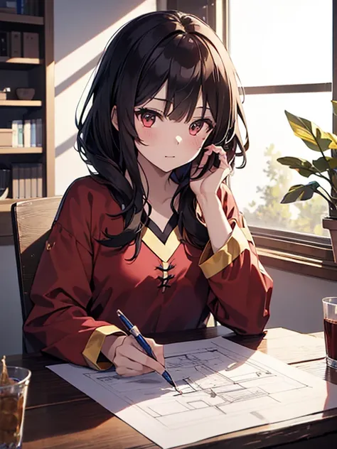 Architectural Design Office, Designer, Blueprint, Drawing table, Megumin, highest quality, 1girl, ccurate, (masterpiece), UHD, retina, anatomically correct, textured skin, super detail, high details, high quality, best quality, highres, 16k