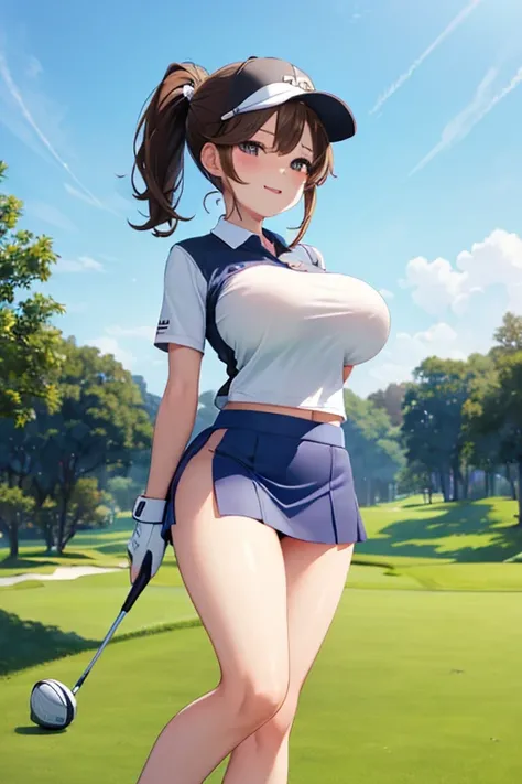 (((Lower body、Golf Wear、cap、mini skirt、Shoot from the front))、(((Accentuate your breasts、)))、Best Quality, 8k, masterpiece :1.3)), whole body, Sharp focus :One Girl,Glowing Skin,Sexy pose,Best Quality,Tabletop,shape,Very delicate and beautiful,Huh,8K wallp...