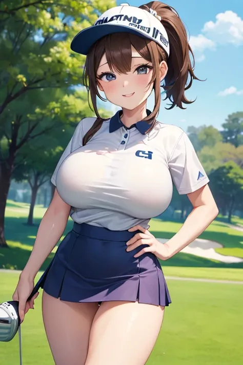 (((Lower body、Golf Wear、cap、mini skirt、Shoot from the front))、(((Accentuate your breasts、)))、Best Quality, 8k, masterpiece :1.3)), whole body, Sharp focus :One Girl,Glowing Skin,Sexy pose,Best Quality,Tabletop,shape,Very delicate and beautiful,Huh,8K wallp...