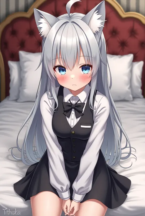 Silver cat ears. Silver hair. Long hair. Girl. Blue eyes.She is sitting on the bed, dressed as a butler, red in the face, and embarrassed.