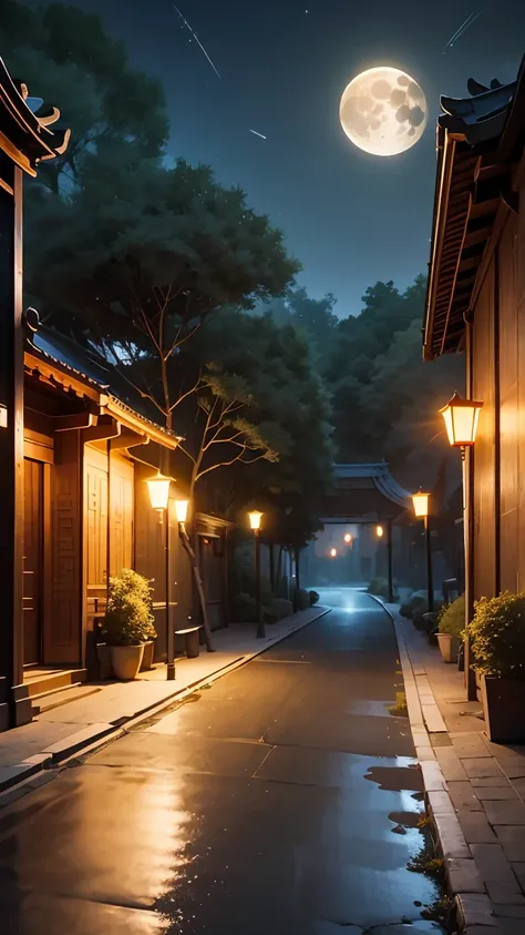 Official Art, Ancient China, Ancient street, (Lots of fireflies), (night), (moon), LightsBeautiful scenery, Spectacular scenery, Realistic lighting, Masterpieceshigh quality, Beautiful graphics, high detail, Global Illumination, Unreal Engine Rendering, Oc...