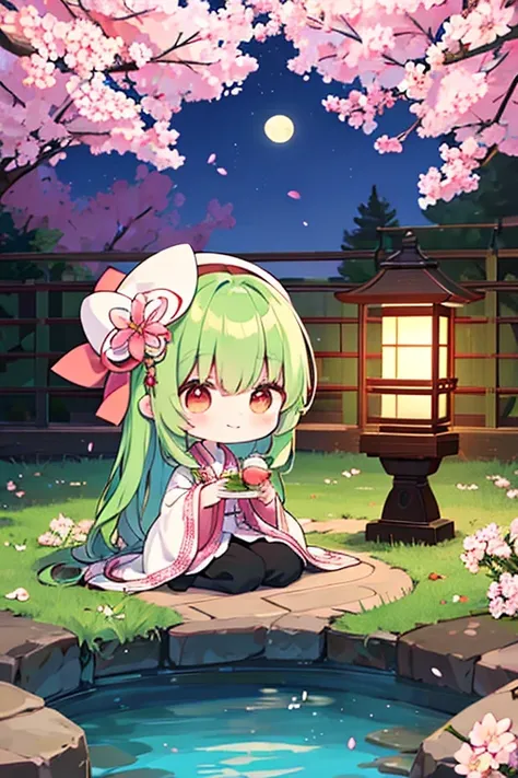 zakuro_(sai_yuuki), having a picnic, under cherry blossoms, eating moon food, drinking cherry blossom moon picnic chestnut, small, default clothes, green_hair, yuyuko_(saigyouji), outdoors, japanese_clothes, lantern, Sakura, saigyou_ayakashi, bare_tree, sa...