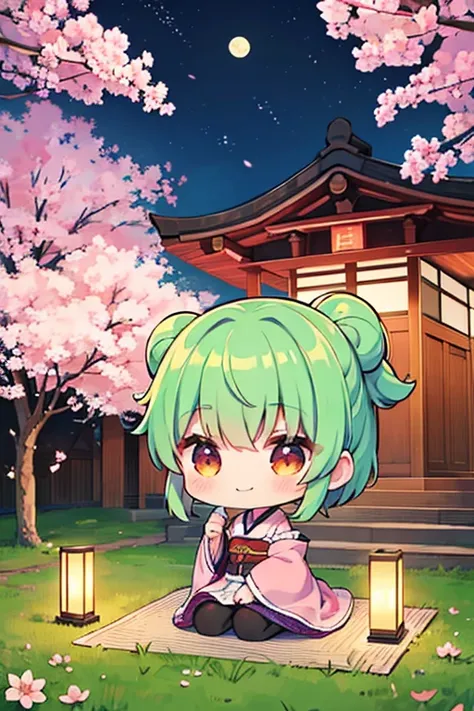 zakuro_(sai_yuuki), having a picnic, under cherry blossoms, eating moon food, drinking cherry blossom moon picnic chestnut, small, default clothes, green_hair, yuyuko_(saigyouji), outdoors, japanese_clothes, lantern, Sakura, saigyou_ayakashi, bare_tree, sa...