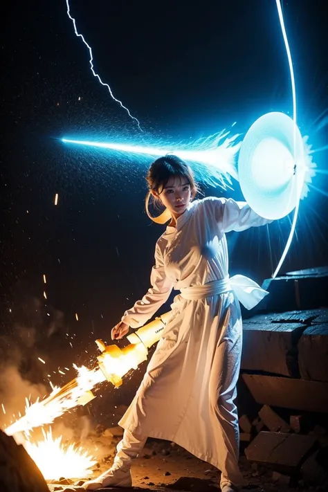 a typhoon woman wearing a white costume representing the typhoon，tsunamiの頂上の真ん中に立ち、radiates energy in all directions、photograph ...