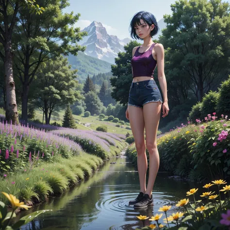 1 girl, Short hair, Blue Hair, Look at the audience, Purple eyes, See the legs, Wearing a wet yellow tank top, shorts, Standing in the stream, Field of flowers, dark forest, vine, mountain