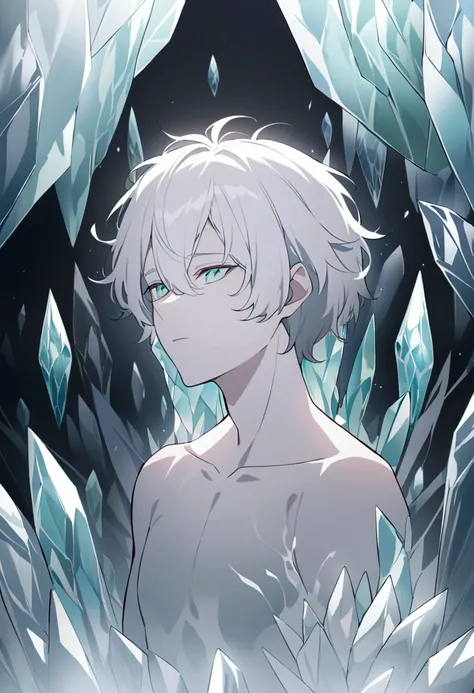 "A scene depicting a man trapped inside an opaque aqua-colored crystal. His long white hair flows around him, and his nude body is obscured by the smoky atmosphere and the opacity of the crystal, leaving only his face visible to reveal his identity. The ma...