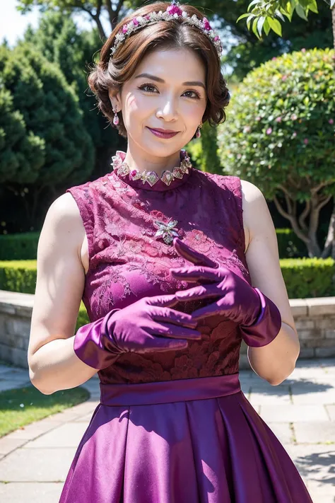 ((Masterpiece)), ((Best Quality)), A middle-aged short-hair woman, ((She is wearing an ornamental magenta color wedding dress)),  She is in a park, She is wearing gloves on her hands, she is wearing a collar, 