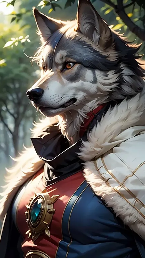 Wolf,Wolf cloak,Luan Jia,Pino Daeni,Dark Gem,Stupid dog,An anthropomorphic muscular male wolf, (Detailed face), (Fluffy fur with attention to detail)