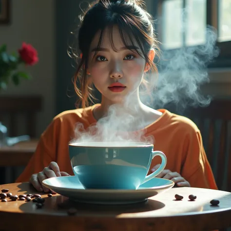 Very realistic photo of a steaming blue porcelain coffee cup on a rustic wooden table. The coffee has a rich aroma and is served with a fine puff of smoke in the cinematic form of a beautiful Korean woman with smooth white skin, a perfectly groomed face an...