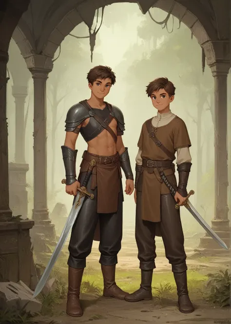 wh33z13, 1male, short hair, brown hair, mulatto skin, dressed in leather cloth, sword, warrior, leather, slight smile, young, teen, medieval pants, dark brown cloth, ruins in a forest in background, 