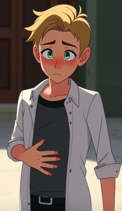 Create Photo of Boy 2d Adrien agreste as feeling her stomach growling