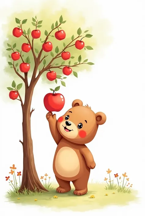 cute brown bear drawing picking apple from an apple tree, with white background