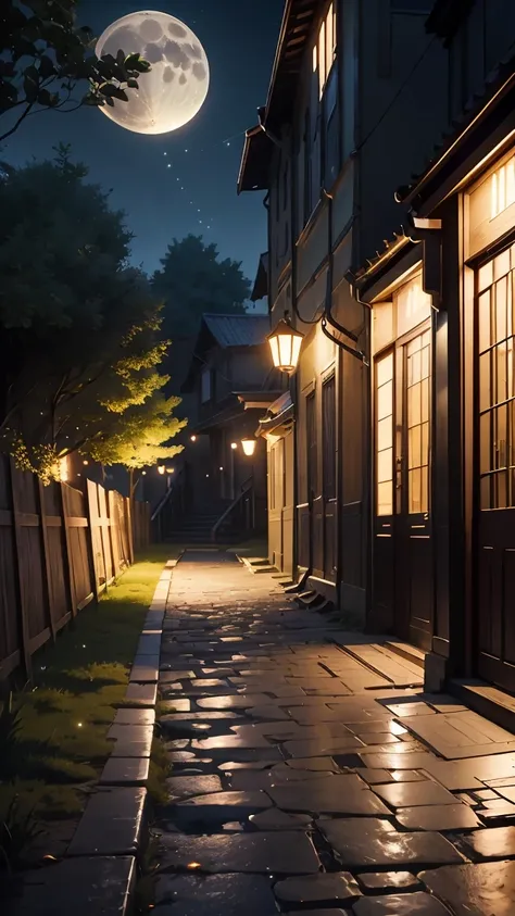 Official Art, Ancient city, Ancient street, (Lots of fireflies), (night), (moon), LightsBeautiful scenery, Spectacular scenery, Realistic lighting, Masterpieceshigh quality, Beautiful graphics, high detail, Global Illumination, Unreal Engine Rendering, Oct...