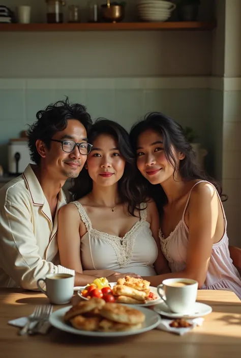 Indonesian couple. The 50 year old man is a normal body wearing simple pajamas(wearing a glasses). With The 3 woman is a little chubby and huge breasted, messy hair,  wearing sleeveless knee-nght nightgown. Nice kitchen with morning light as a background d...