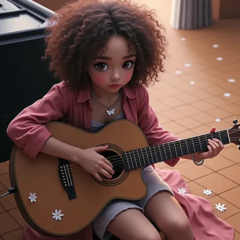 An 1 mixed race girl with curly hair plays the guitar with a white butterfly necklace sitting. Parquet,. Piano behind her 