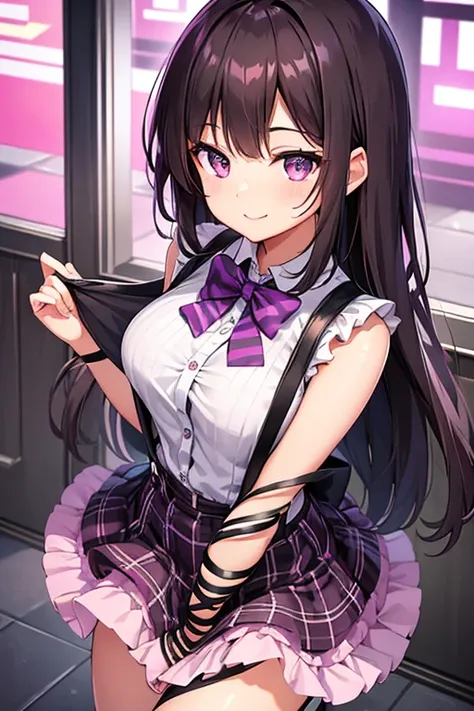 darkbrown_hair, Sideburns, Medium Bob, Undressing,Pink frilly bra,Purple eyes, Bright Eyes, smile, One girl, Thin legs、High school girl,Checked skirt, Black and purple check pattern,suspenders,Light purple blouse, black_bow, buttons,  bead_bracelet