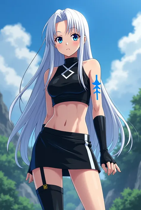 Name: Kiara. Gender: Female. Age: 19. Appearance: White hair to the waist, blue eyes, a mole above the lip. Clothes: Black miniskirt, black boots above the knees, a black tank top with white stripes, and fingerless gloves are also black up to the elbows. O...