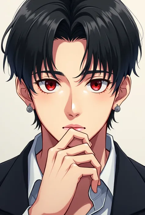 Anime guy, hand on chin, black center parted hair, Korean style, wearing earrings, red eyes