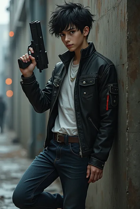 anime boy dress jacket and black denim,left hand have omnitrix  other hand hold pistol .heavy to wall