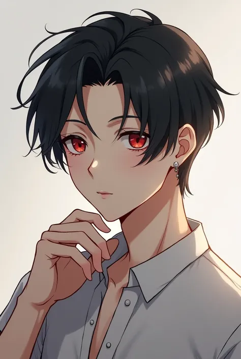 Anime guy, chin on hand, black center parted hair, Korean style, earrings, red eyes, sideways