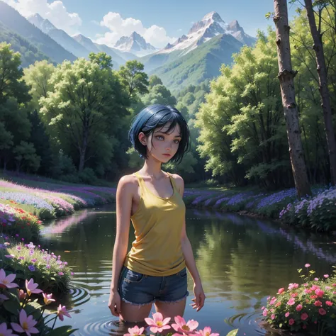 1 girl, Short hair, Blue Hair, Look at the audience, Purple eyes, Wearing a wet yellow tank top, shorts, Standing in the stream, Field of flowers, dark forest, vine, mountain