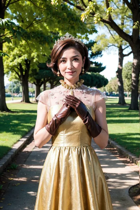 ((Masterpiece)), ((Best Quality)), A middle-aged short-hair woman, ((She is wearing an ornamental brown wedding dress)),  She is in a park, She is wearing gloves on her hands, she is wearing a collar, 