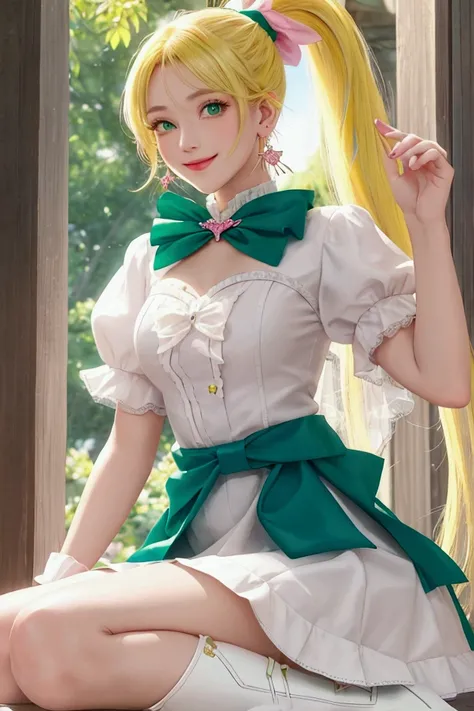 (best quality, masterpiece:1.2),1girl,  cure rhythm, wide ponytail, puffy short sleeves, brooch, heart earrings, ribbon, arm warmers, white boots, look at viewer,(green eyes:1.2),big smile,right hand at waist,
port lait, Sparkle hair,Crystal yellow hair,pi...