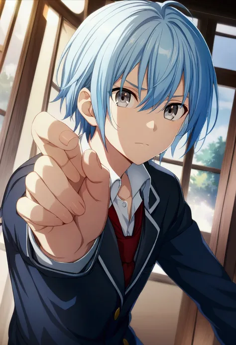 1 boy, light blue hair with a white streak, short hair, gray eyes, male school uniform, CG