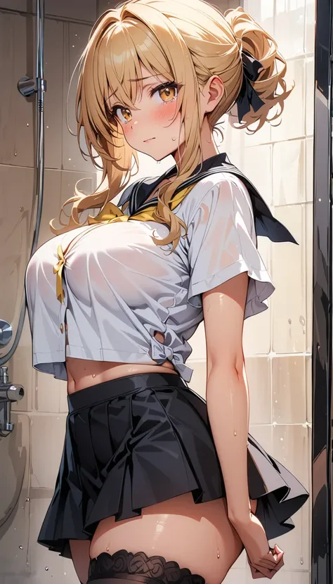 (curvy, large breasts, tented shirt), (Sticky Sailor uniform, mini skirt), ((1girl, guild girl (goblin slayer!), goblin slayer!)), beautiful detailed eyes, yellow eyes,(cute eyes), black thigh highs, arms behind back, (Carving Waistline), Shower room, (cow...