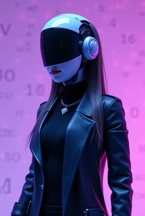 ((Photorealism)), ((Best quality)), ((cinematic)), ((high resolution)),(Detailed), daft punk alike, female, shiny light blue body and head with black, silver shiny metal hair, black screen on head, black turtleneck, diamond necklace, black trench coat, bla...