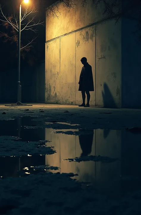 A person stands against the wall under the street light