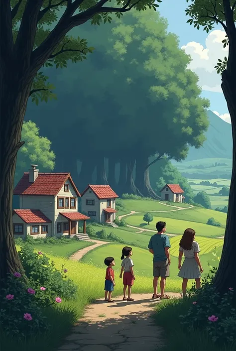 Quiet village in the morning, with small houses and green fields. The dense forest can be seen in the distance and the villagers look at it with concern. A few children are standing by the forest and looking inside with curiosity