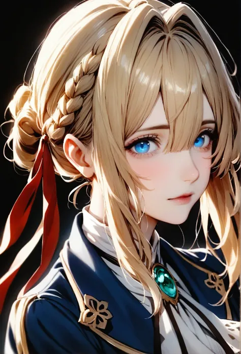 violet_evergarden, 1girl, solo, looking_at_viewer, bangs, blue_eyes, blonde_hair, simple_background, gloves, long_sleeves, ribbon, hair_between_eyes, jewelry, closed_mouth, jacket, hair_ribbon, braid, red_ribbon, hair_intakes, blue_jacket, black_background...