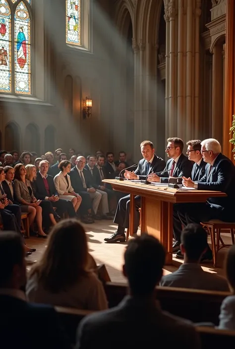 Image of people asking questions to panelists who are sitting in a church-like place, that it looks like a real photograph