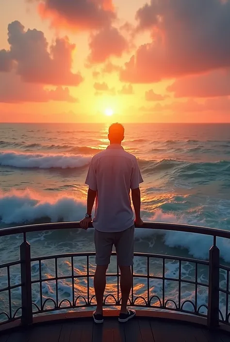 Un homme posant ses deux mains sur une barre d’un pont ayant une belle vue sur la mer et ses vagues avec un magnifique soleil éclatant 