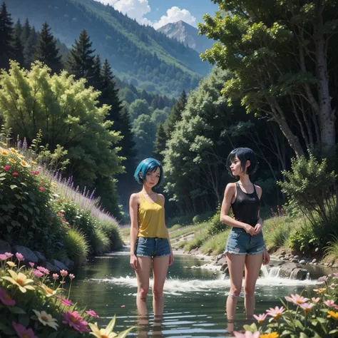 1 girl, Short hair, Blue Hair, Look at the audience, Wearing a wet yellow tank top, shorts, Standing in the stream, Field of flowers, dark forest, vine, mountain