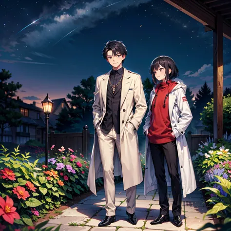 Anime art style,Best Quality,High resolution,Anatomically correct,One Man,Twenty generations,Black Hair,Spiky hair,A rich expression,A kind smile,night,garden,White long coat,The clothes are fluttering in the wind,Black innerwear,Hands in pockets,8k