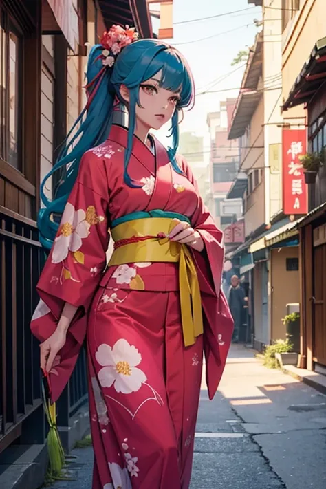  create a pink long haired woman in a red kimono with a green obi sash tied around her, a yellow floral hairpin and she has a long pair of scissors in her hand. Shes stalking a blue haired man from around the corner menacingly