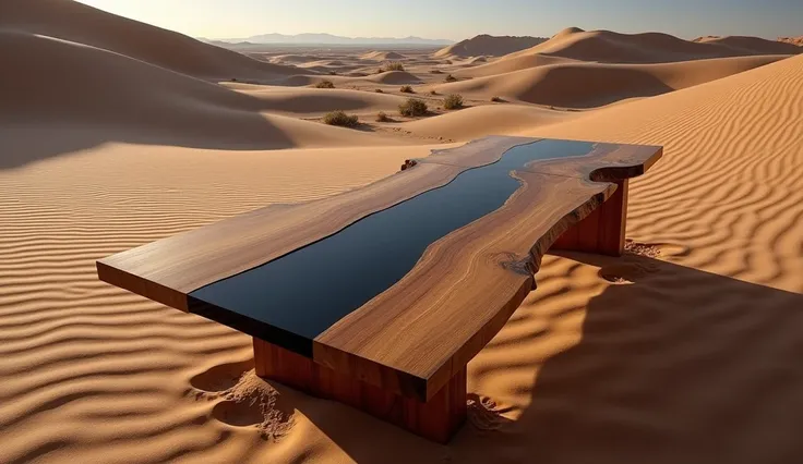 Here is the updated cinematic photoshoot with the black epoxy resin river in the center of the live edge solid wood table. The composition now reflects the serene desert landscape with a dreamy atmosphere. Let me know if youd like any more changes!





