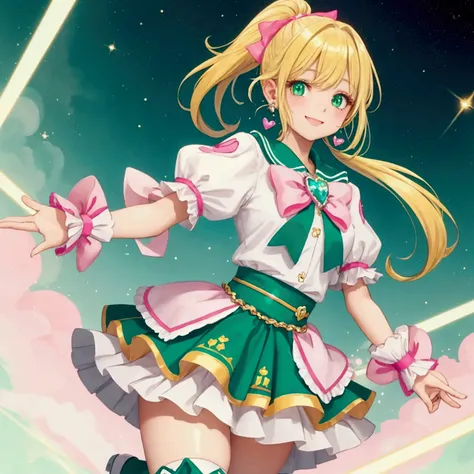 (best quality, masterpiece:1.2),1girl,  cure rhythm, wide ponytail, puffy short sleeves, brooch, heart earrings, ribbon, arm warmers, white boots, look at viewer,(green eyes:1.2),big smile,right hand at waist,
port lait, Sparkle hair,Crystal yellow hair,pi...